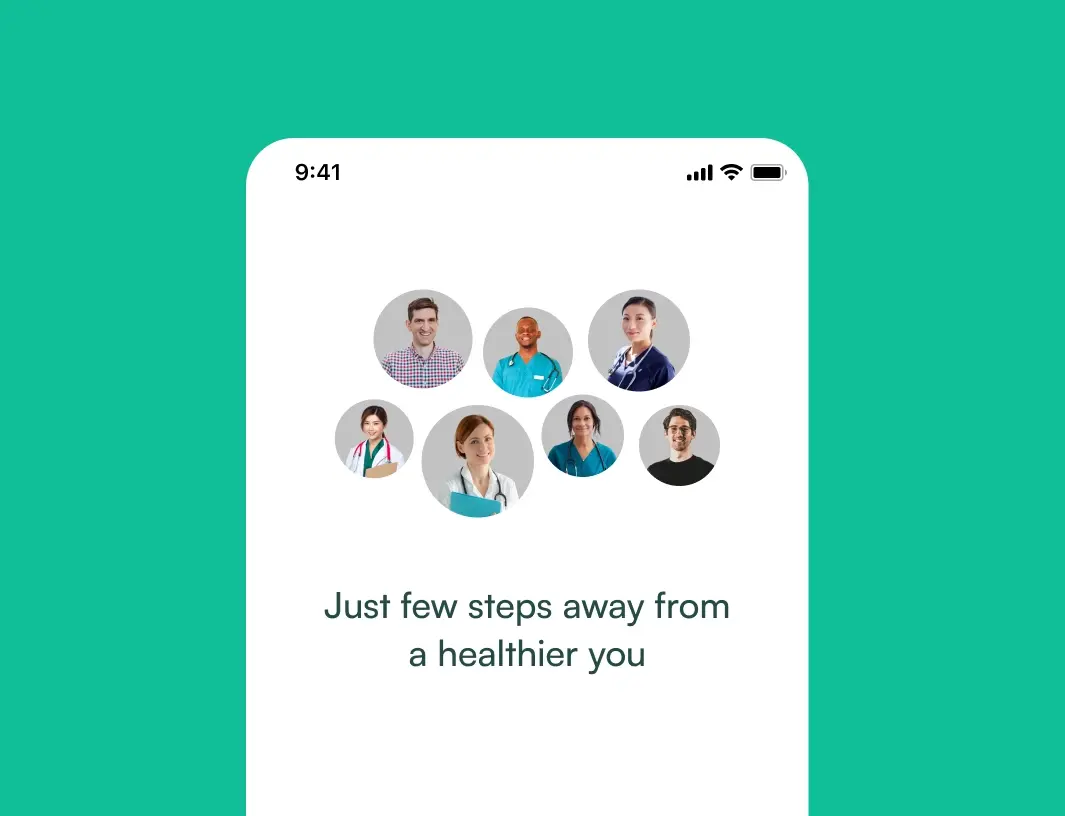 Mobile app screen with photos of eight individuals in circles and text: "Just few steps away from a healthier you.