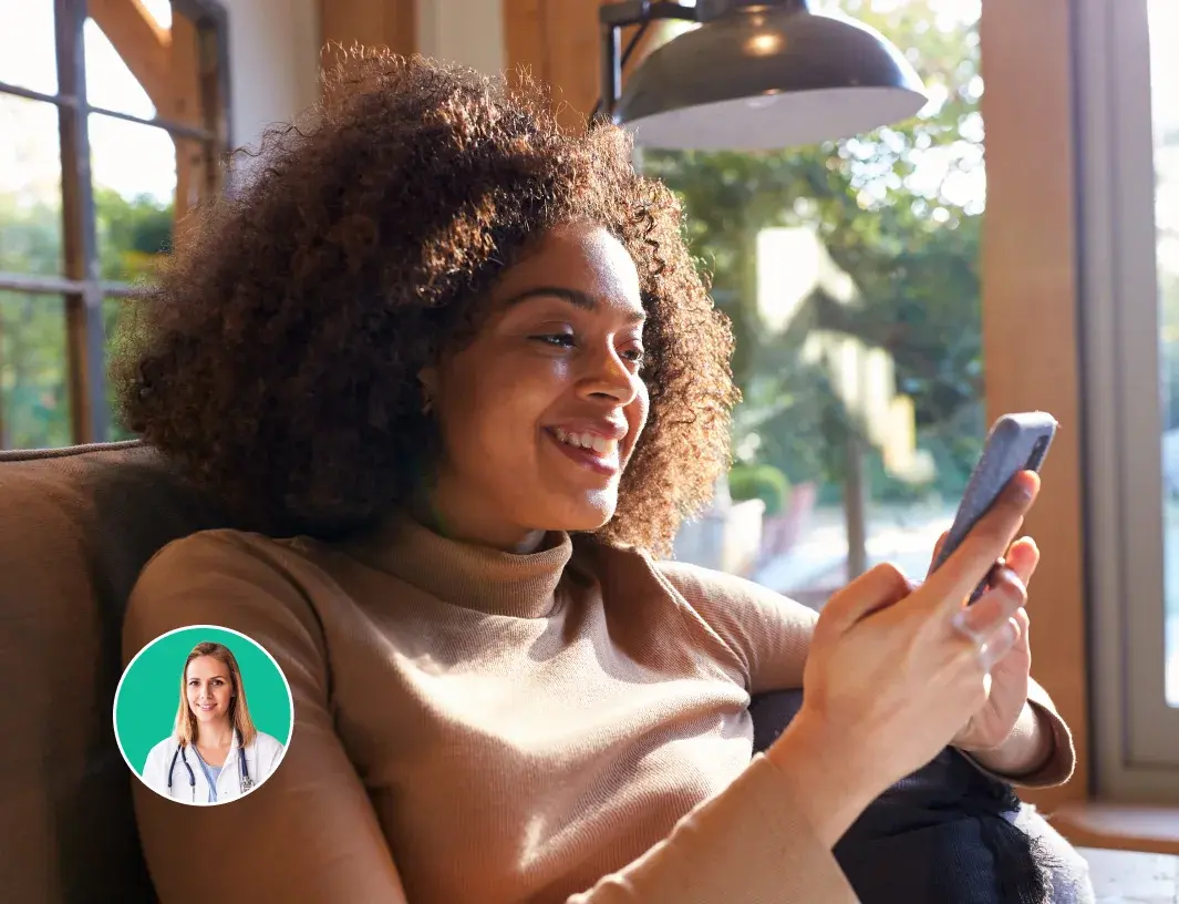 A woman sitting in a sunlit room smiles at her phone. An inset image of a female doctor with a stethoscope is visible in the lower left corner.