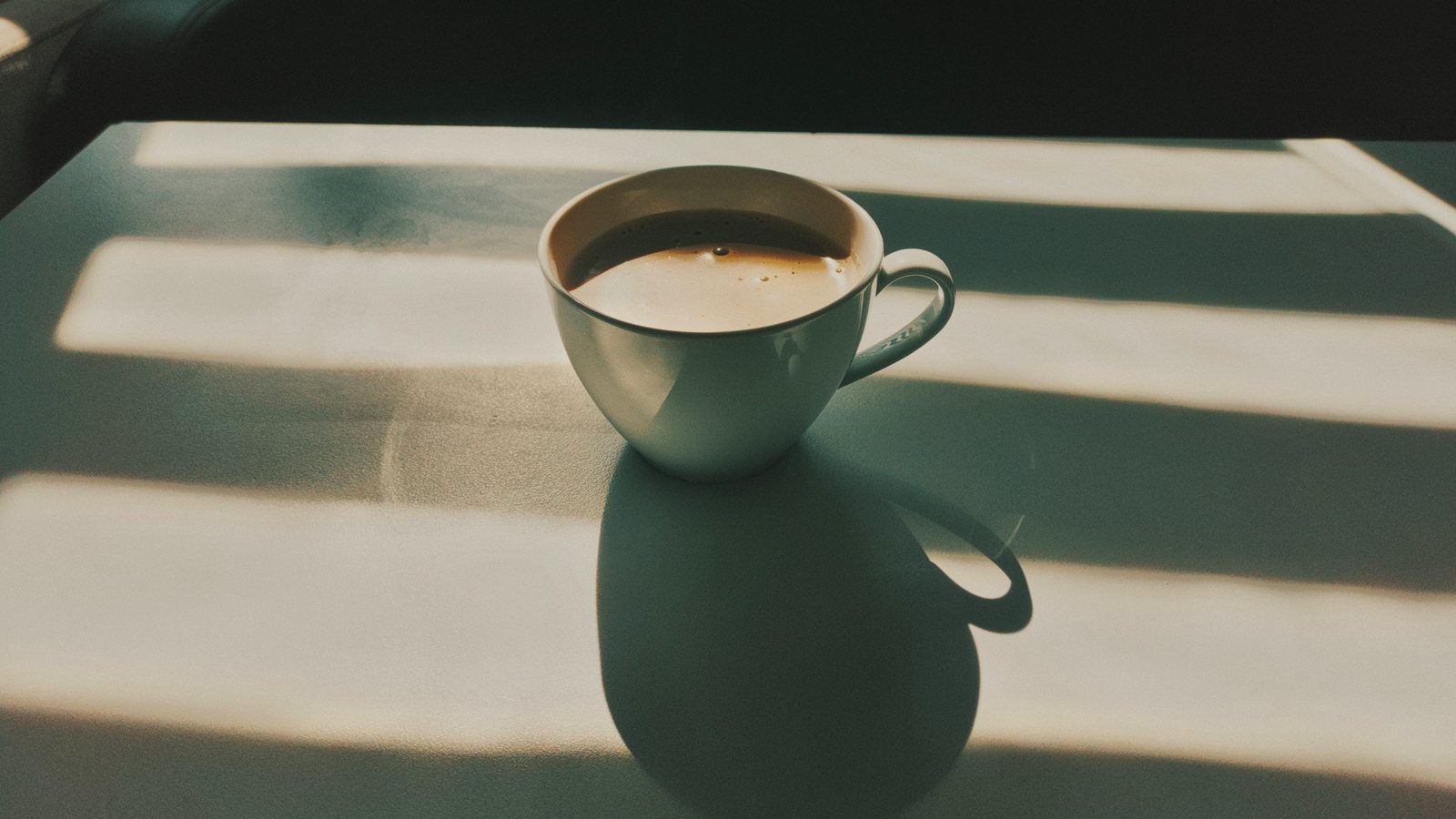 White coffee cup on a table in warm morning sunlight with soft shadows