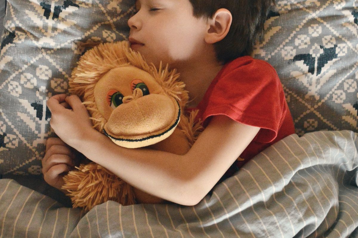 Cute child hugging toy and sleeping in bed