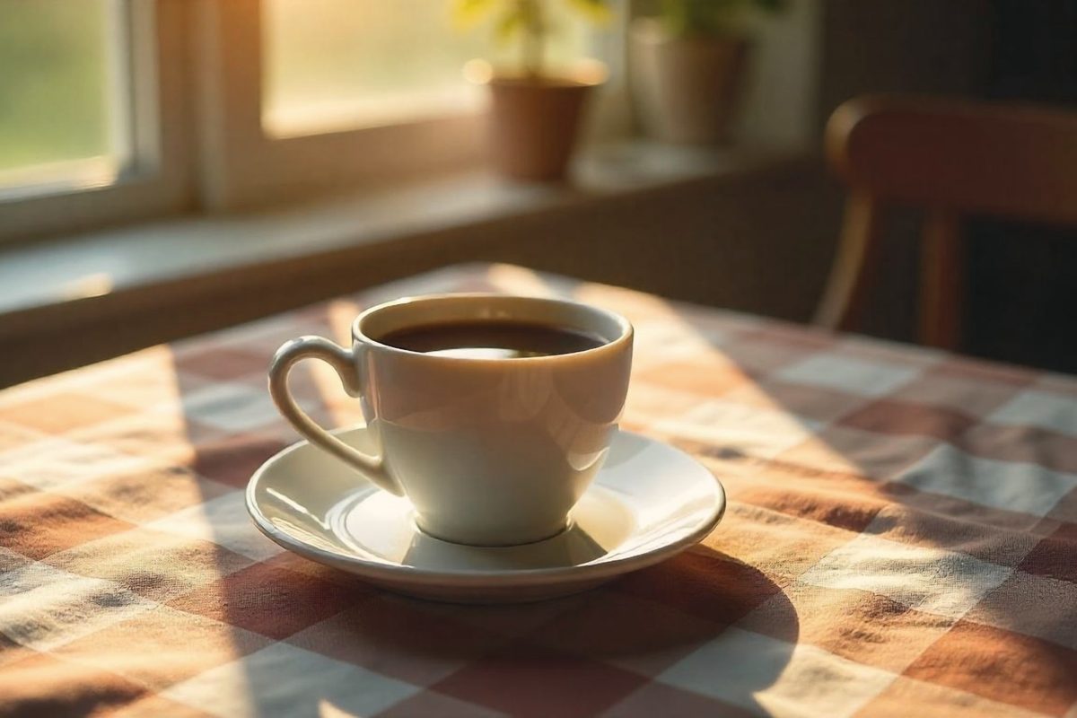 Morning coffee on a sunlit kitchen table