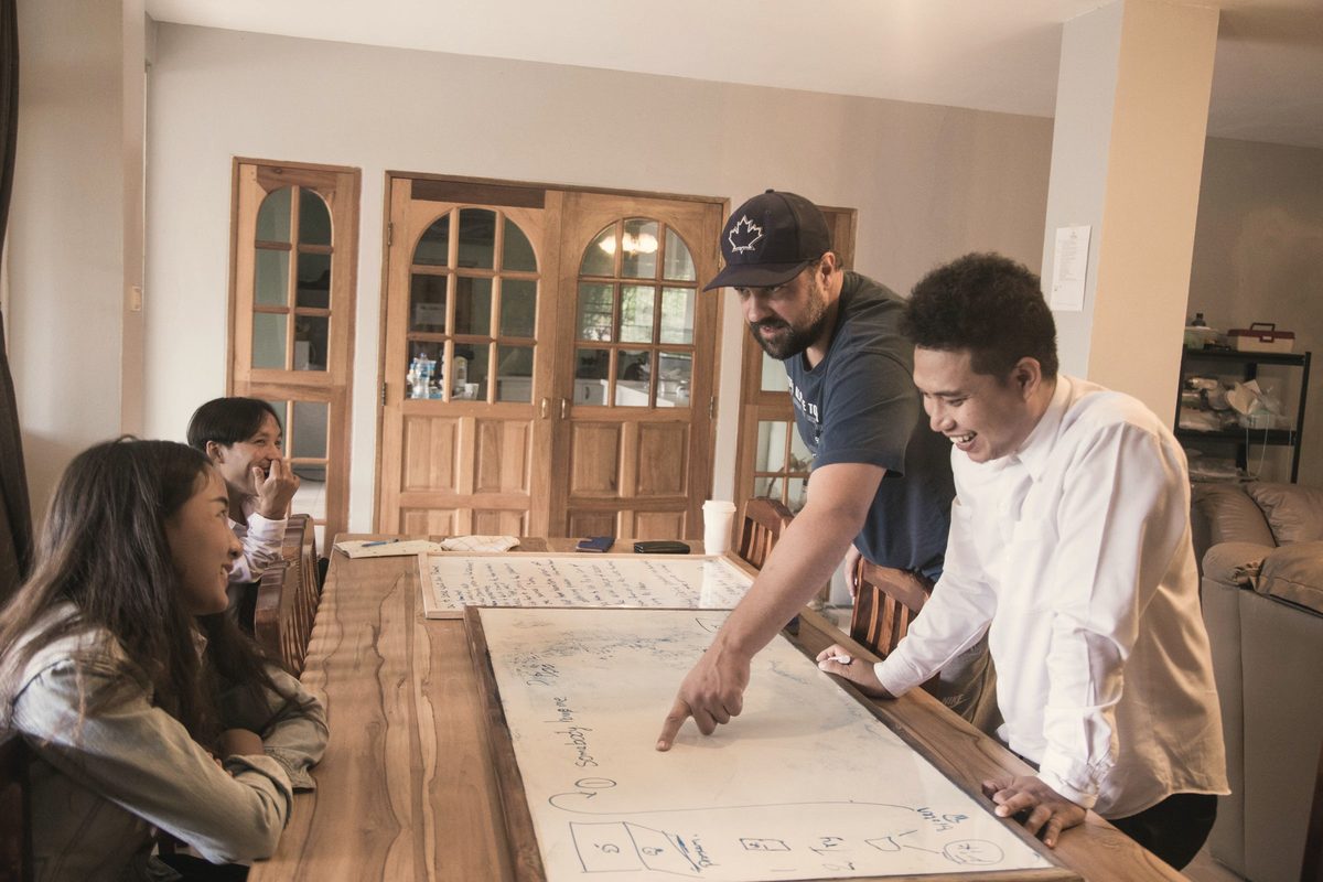 Colleagues planning a project together around a table