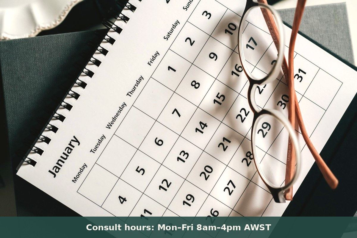Desk calendar showing weekday consult hours, Monday to Friday 8am to 4pm AWST