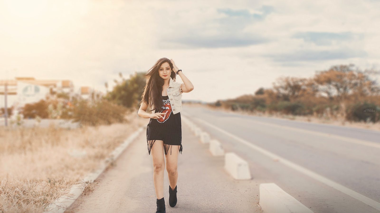 Woman walking on pavement