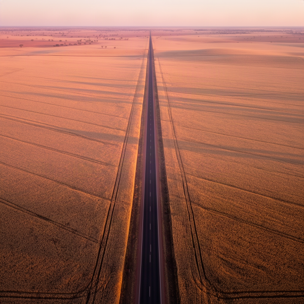 Aerial view of a straight road crossing the vast Western Australian wheatbelt at golden hour, representing distance and healthcare access in regional WA