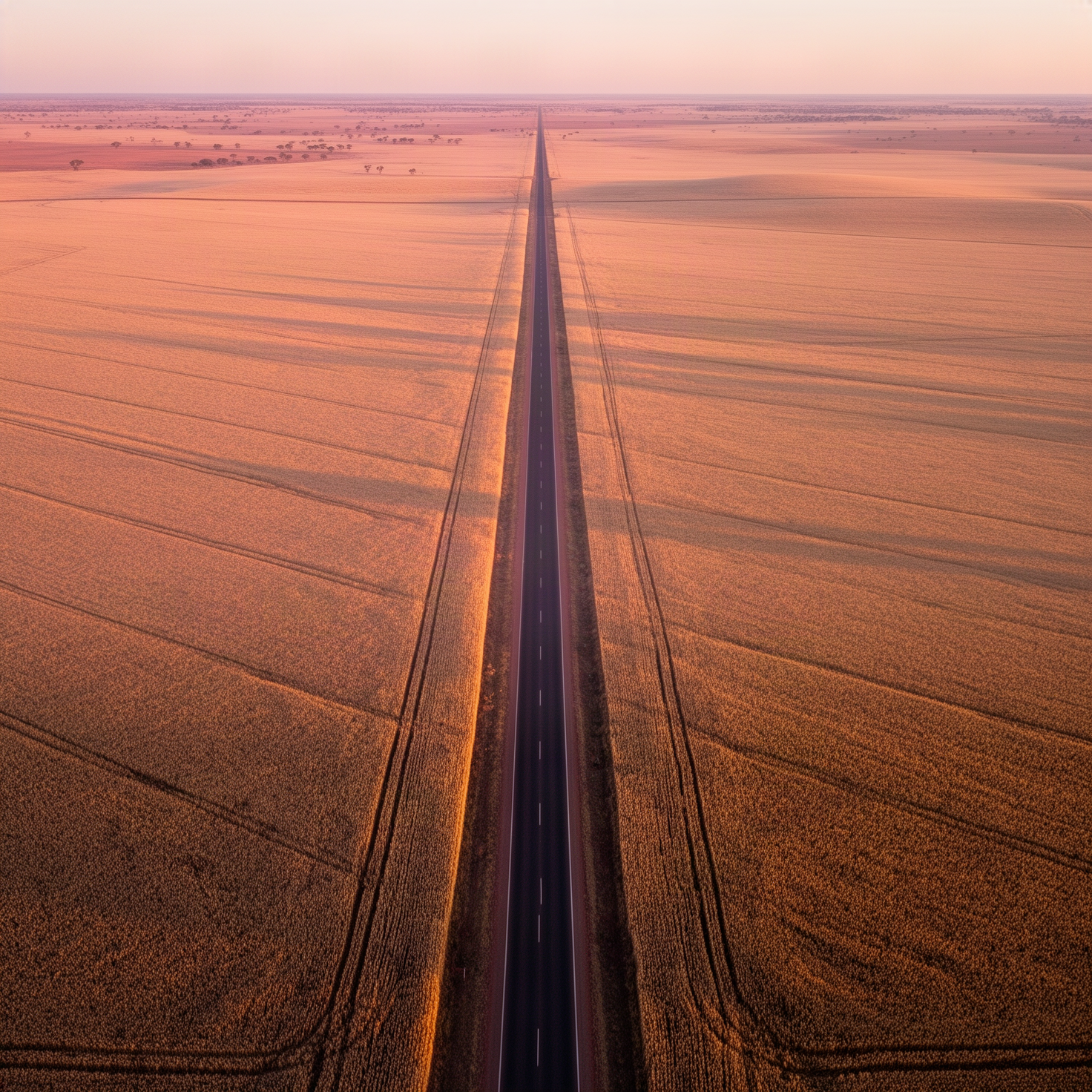 Aerial view of a straight road crossing the vast Western Australian wheatbelt at golden hour, representing distance and healthcare access in regional WA