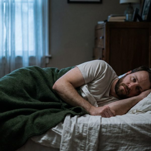 Man lying awake in bed under a dark green blanket in a dim pre-dawn bedroom