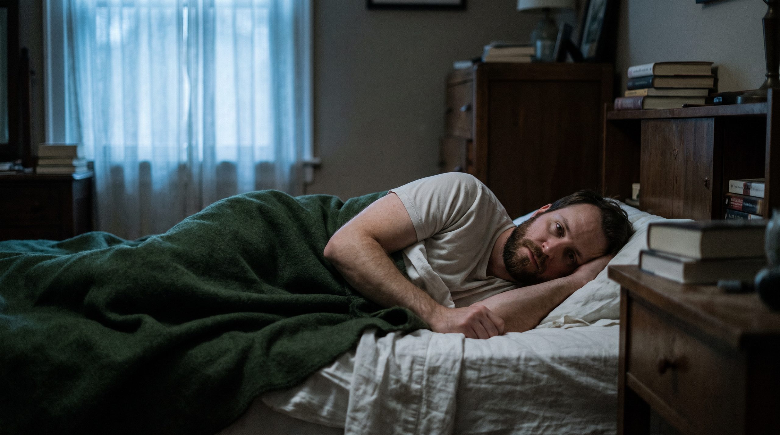 Man lying awake in bed under a dark green blanket in a dim pre-dawn bedroom