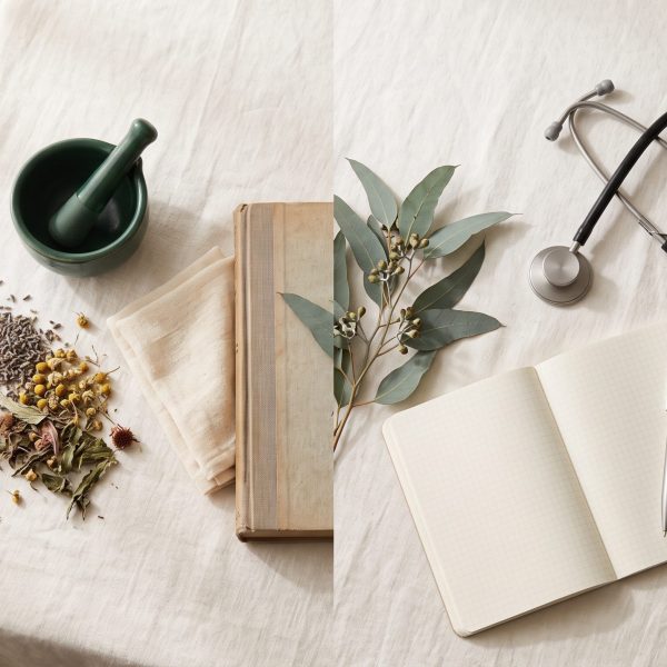 Flat-lay contrasting traditional healing items — mortar and pestle, dried botanicals, old book — with a stethoscope, notebook and glasses, joined by a eucalyptus sprig