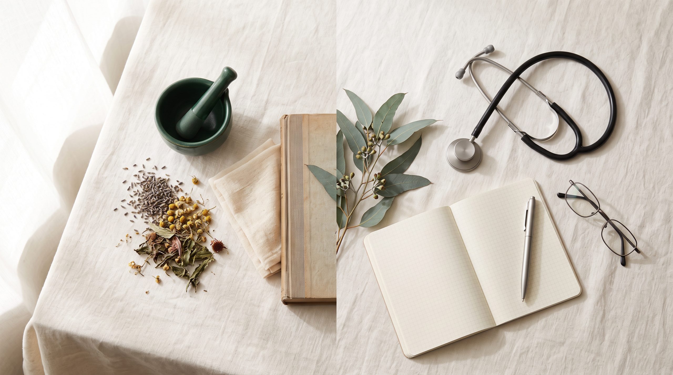 Flat-lay contrasting traditional healing items — mortar and pestle, dried botanicals, old book — with a stethoscope, notebook and glasses, joined by a eucalyptus sprig