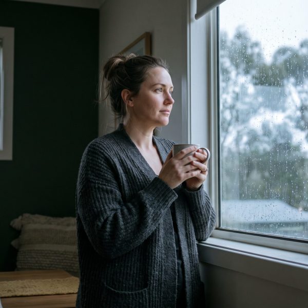 Woman in a warm cardigan holding a mug, looking out a rain-speckled window on a grey Perth winter morning