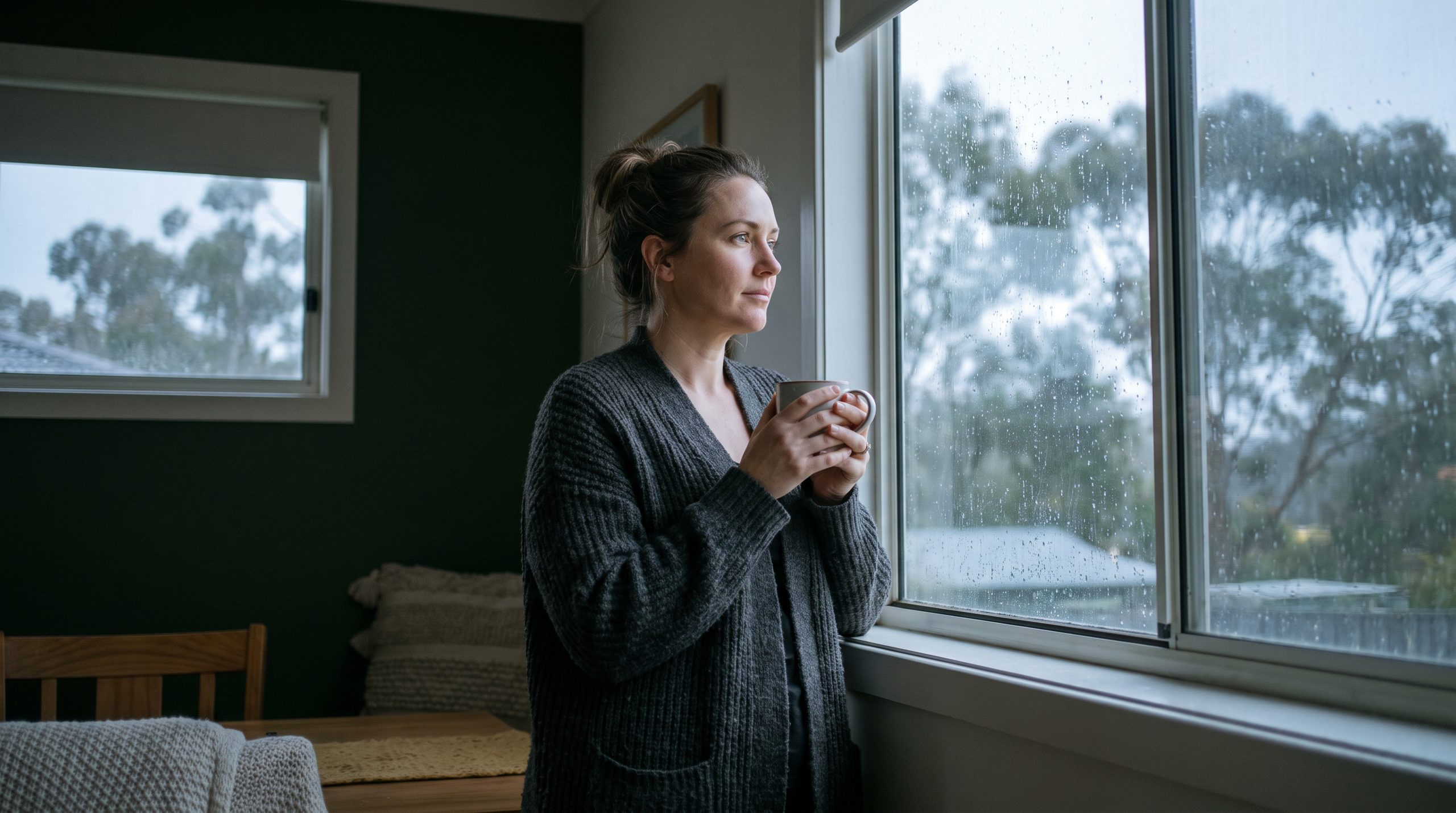 Woman in a warm cardigan holding a mug, looking out a rain-speckled window on a grey Perth winter morning
